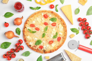 Photo of Composition with delicious pizza and ingredients on white background