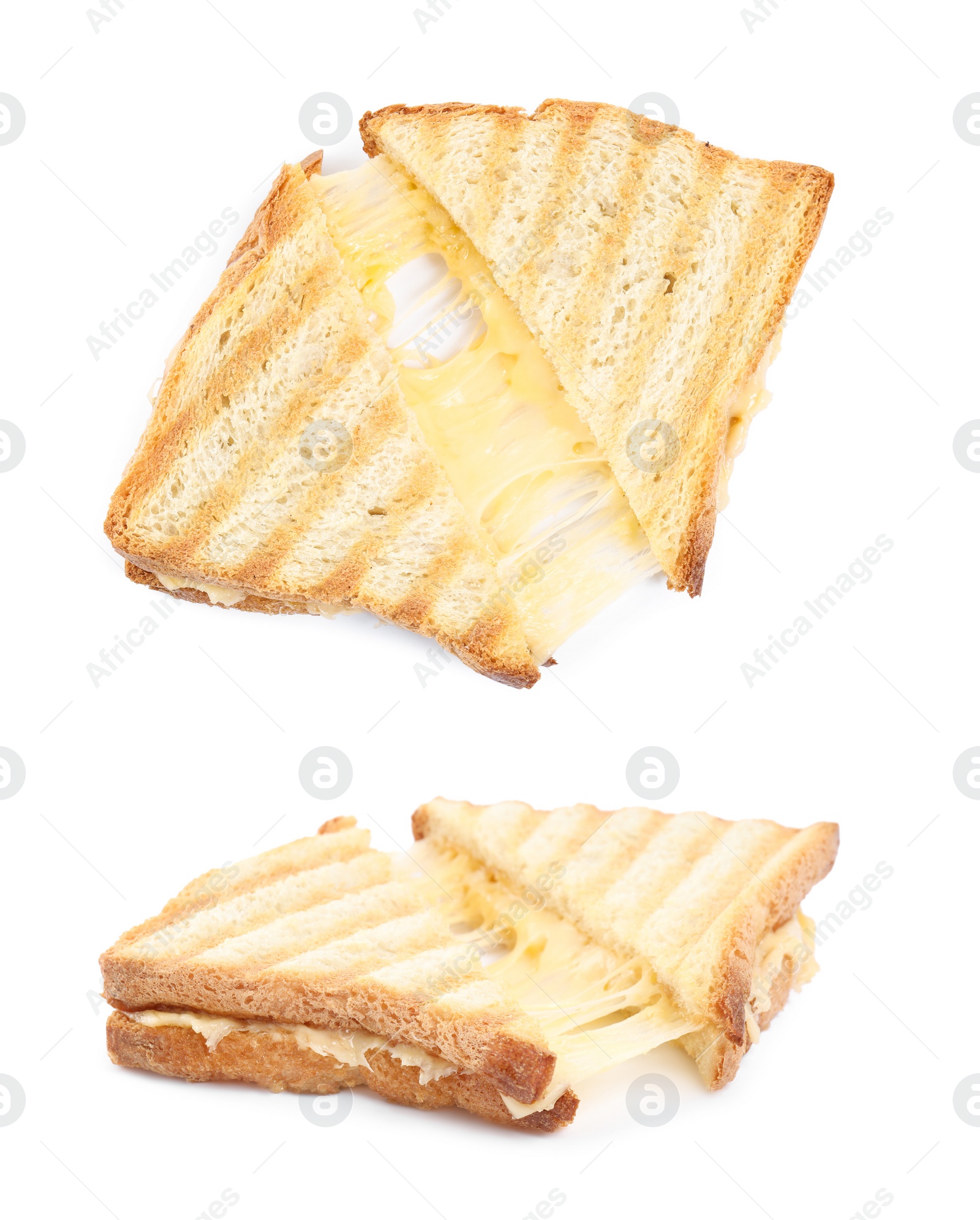 Image of Tasty cheese sandwiches on white background, collage 