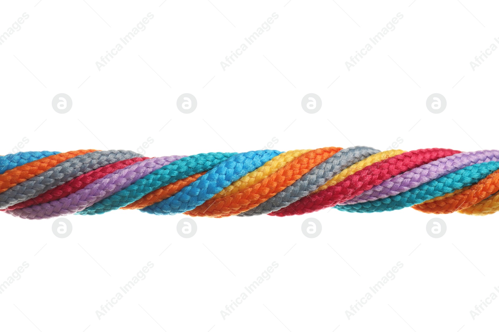 Photo of Twisted colorful ropes isolated on white. Unity concept