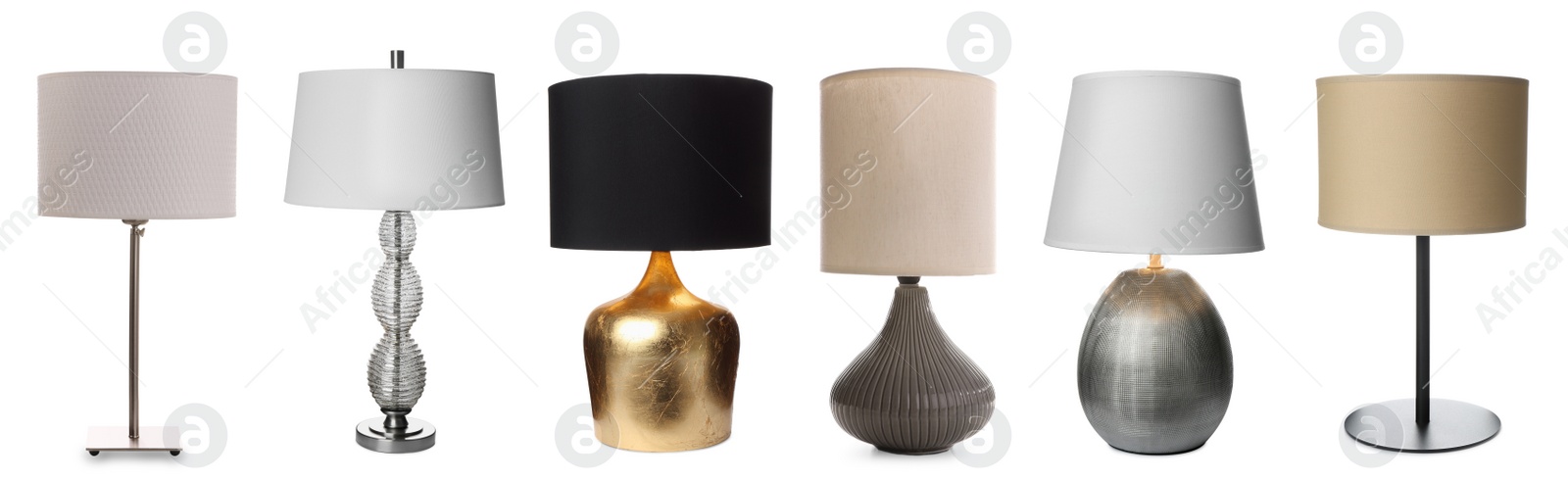 Image of Collage with different stylish night lamps on white background. Banner design