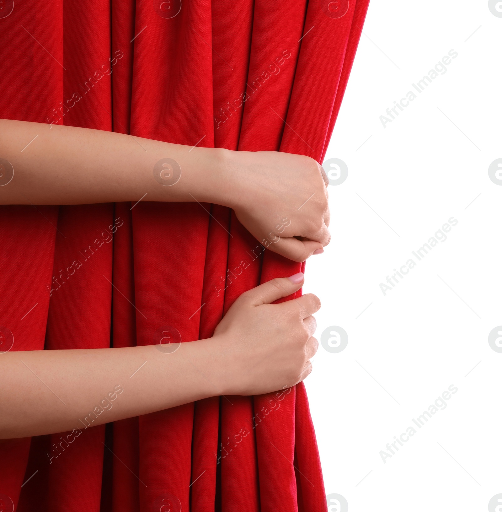 Photo of Woman opening red front curtains on white background, closeup