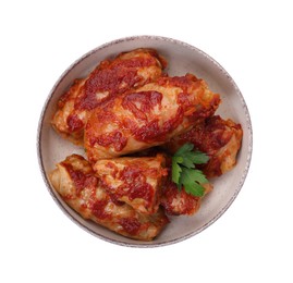 Photo of Bowl of delicious stuffed cabbage rolls cooked with homemade tomato sauce isolated on white, top view