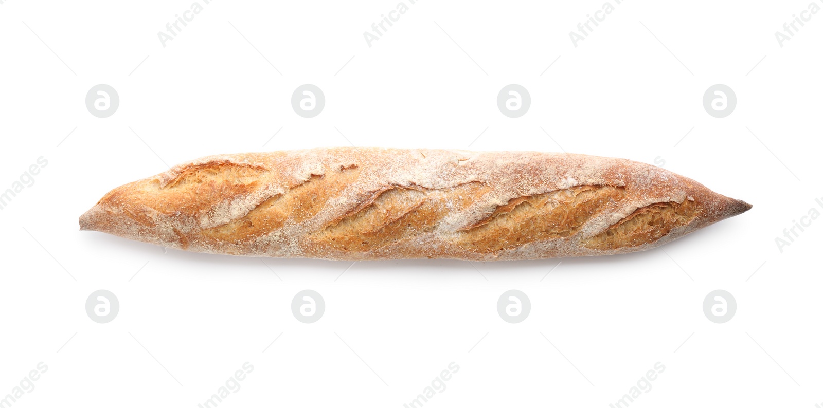 Photo of Loaf of freshly baked bread isolated on white, top view