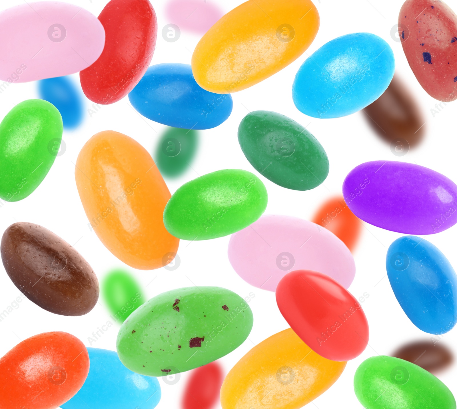 Image of Set of delicious jelly beans falling on white background