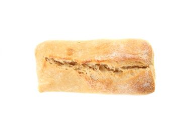 Photo of Tasty mini baguette isolated on white, top view. Fresh bread