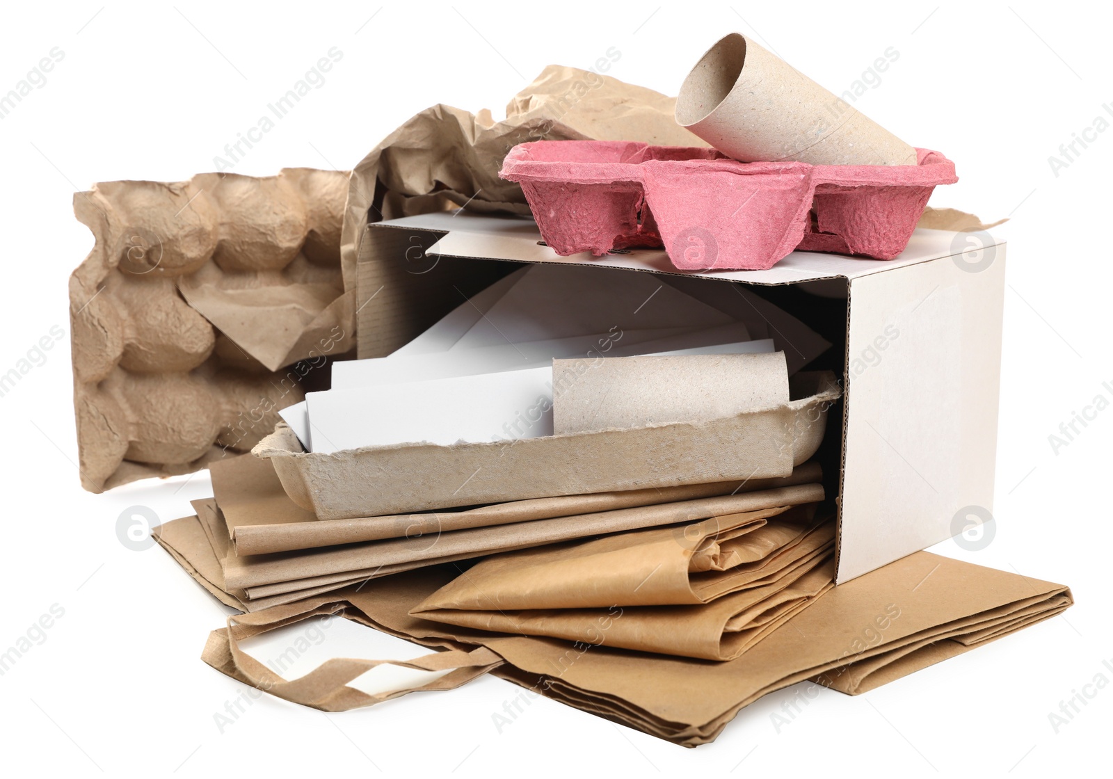 Photo of Stack of different waste paper on white background