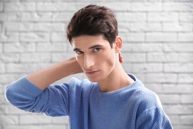 Portrait of young man with beautiful hair on brick wall background