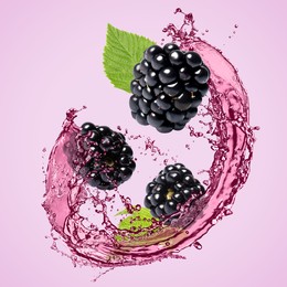 Image of Fresh blackberries and juice in air on violet background