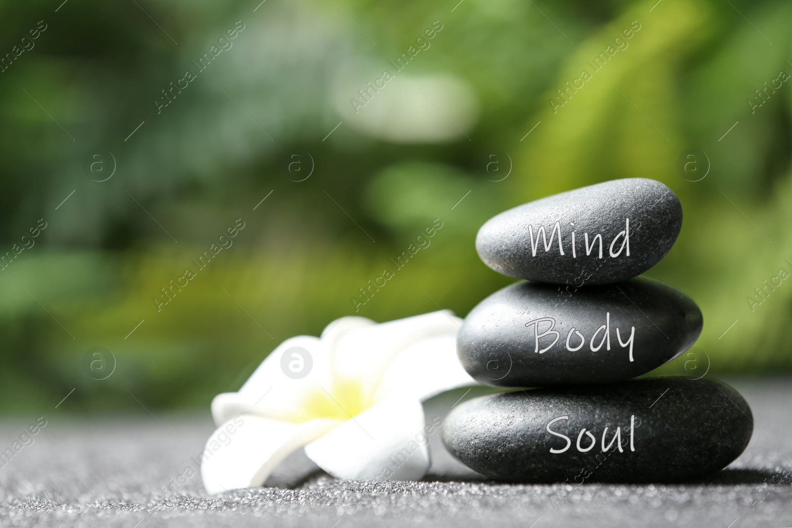 Image of Stones with words Mind, Body, Soul and plumeria flower on sand. Zen lifestyle