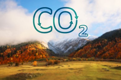 Concept of clear air. CO2 inscription and beautiful mountain landscape