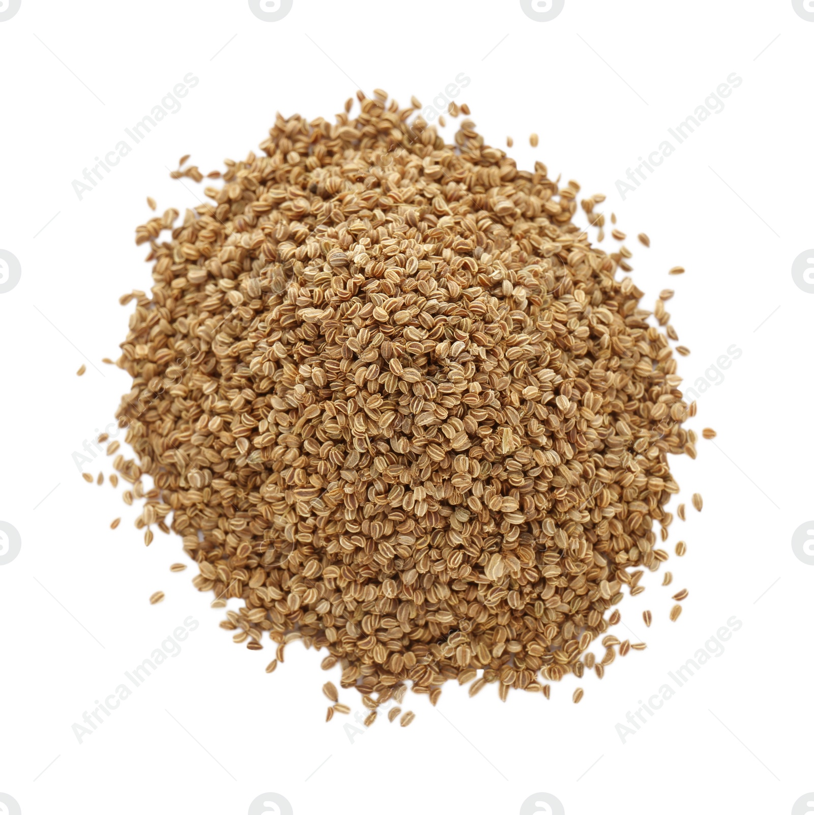 Photo of Pile of celery seeds isolated on white, top view