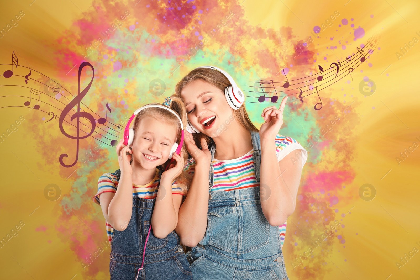 Image of Happy mother and little daughter listening to music on color background. Bright notes illustration