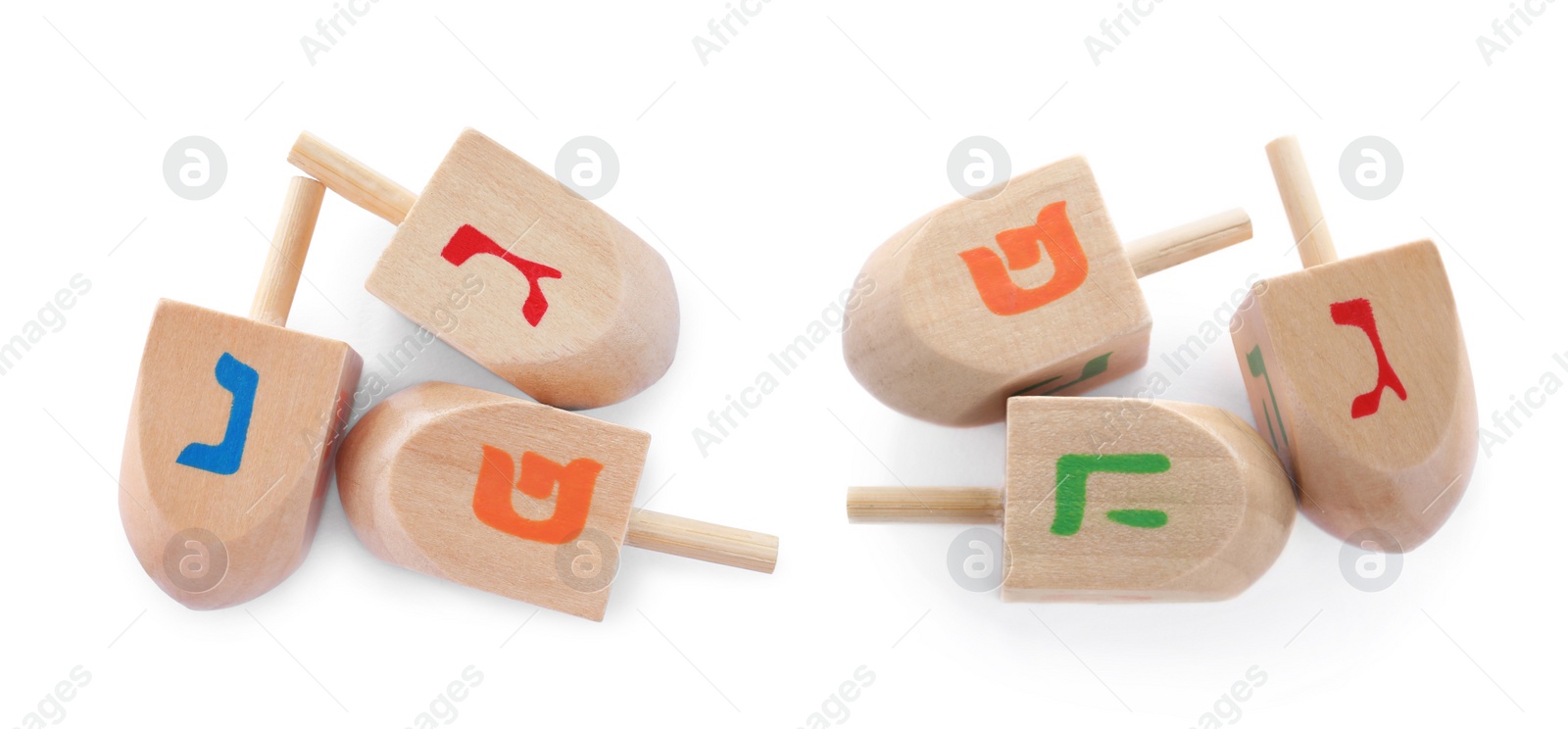 Image of Hanukkah traditional dreidels with letters on white background, collage. Banner design