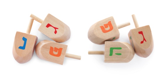 Hanukkah traditional dreidels with letters on white background, collage. Banner design