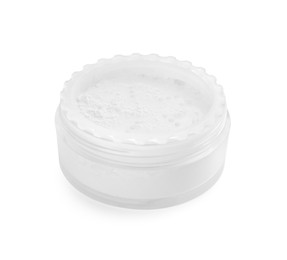 Photo of Rice face powder isolated on white. Natural cosmetic