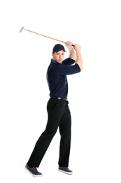 Full length portrait of man with golf club isolated on white