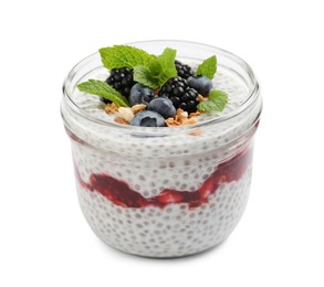 Delicious chia pudding with berries and granola on white background
