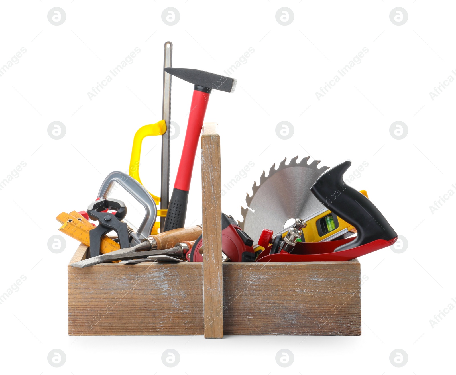 Photo of Wooden box with carpenter's tools isolated on white