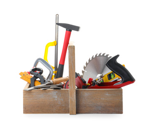 Wooden box with carpenter's tools isolated on white