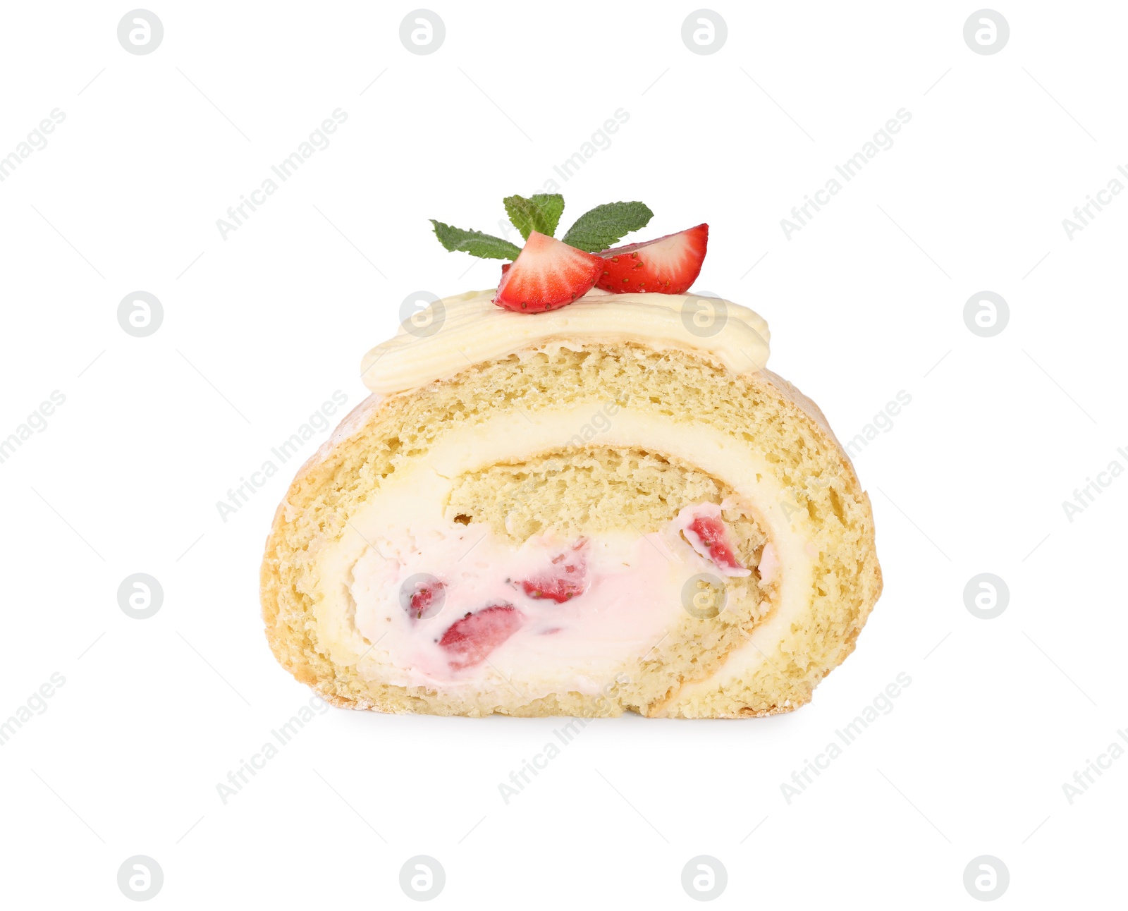 Photo of Piece of delicious cake roll with strawberries and cream isolated on white