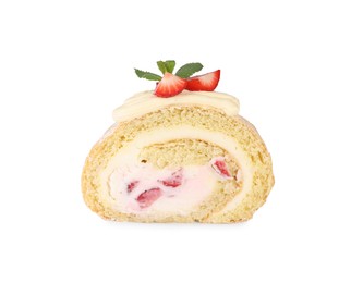 Photo of Piece of delicious cake roll with strawberries and cream isolated on white