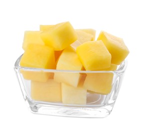 Photo of Tasty mango cubes in glass bowl isolated on white