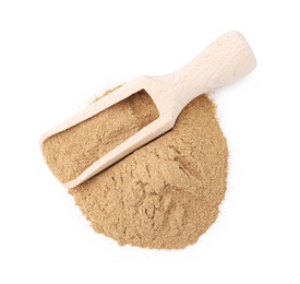 Photo of Dietary fiber. Heap of psyllium husk powder and scoop isolated on white, top view
