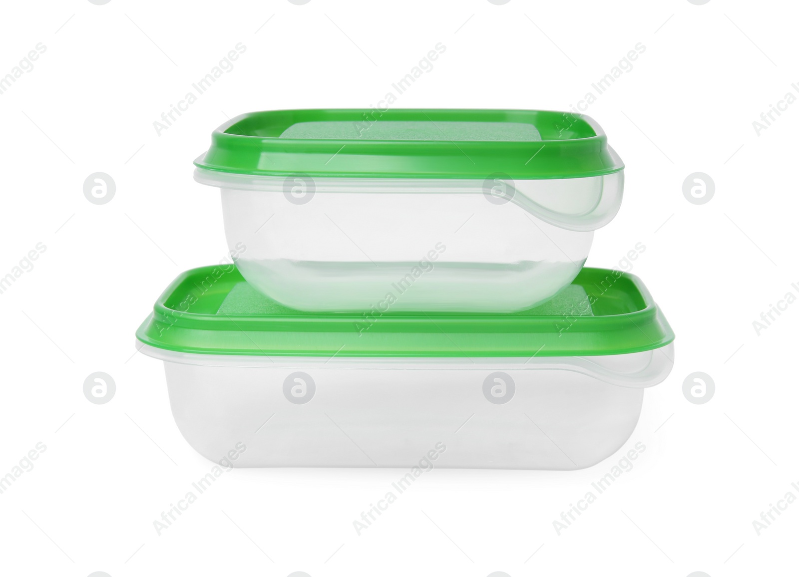 Photo of Empty plastic containers on white background. Food storage