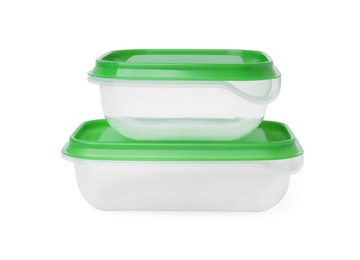 Empty plastic containers on white background. Food storage