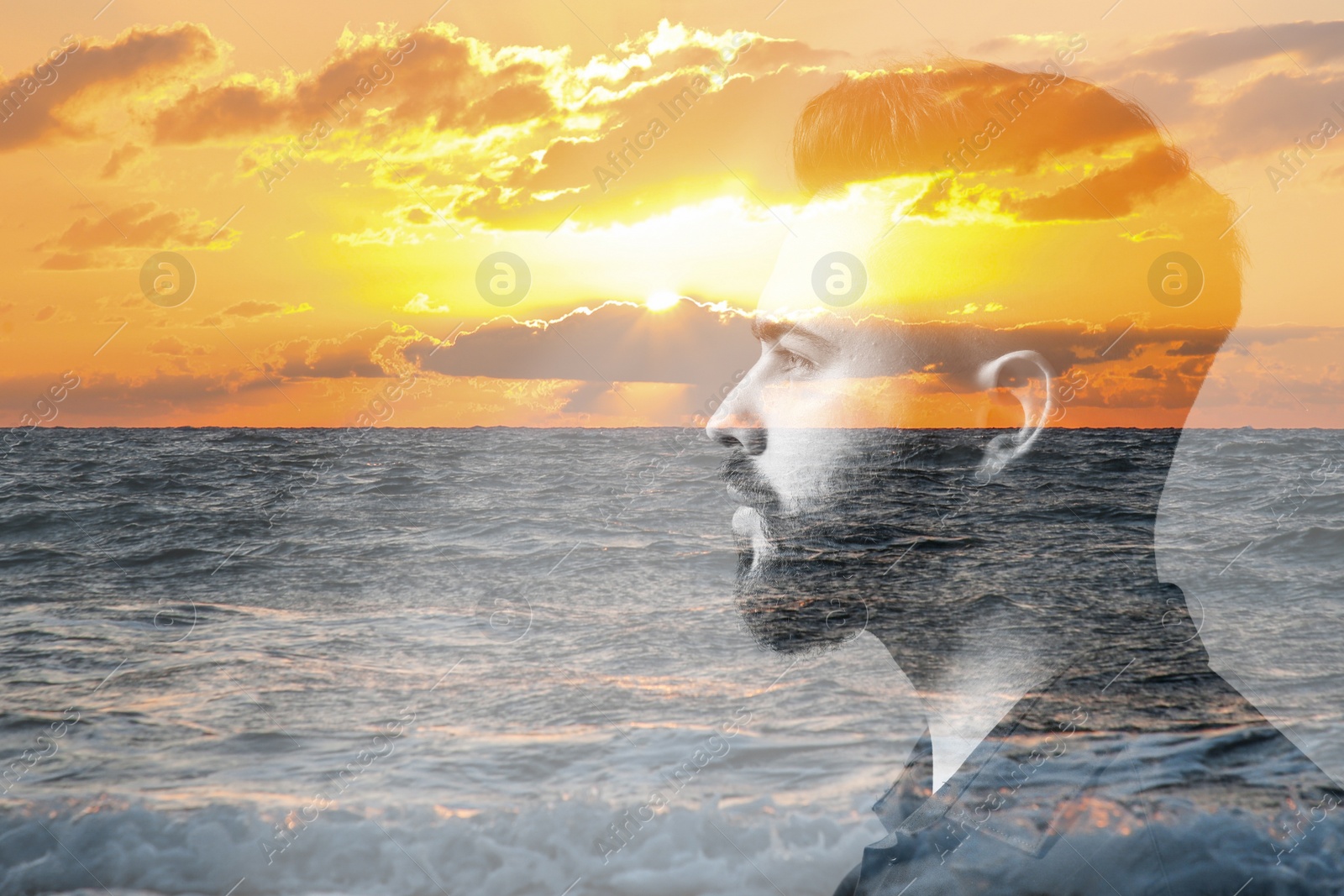 Image of Double exposure of handsome man and sea at sunset