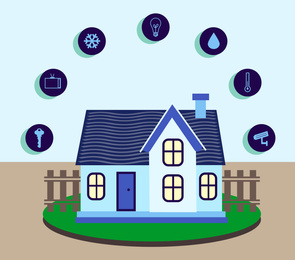 Illustration of smart home technology with automatic systems and icons on color background