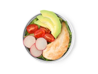 Delicious poke bowl with meat, avocado and vegetables isolated on white, top view