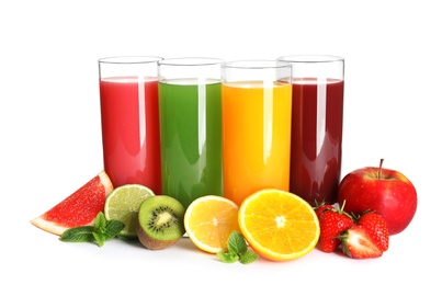 Photo of Glasses with different juices and fresh fruits on white background