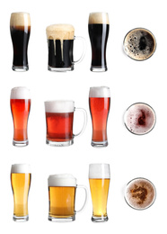 Set with glasses of cold tasty beer on white background