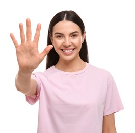 Photo of Happy woman giving high five on white background