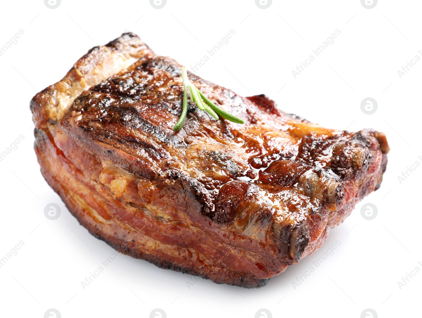 Photo of Delicious barbecued ribs with rosemary on white background