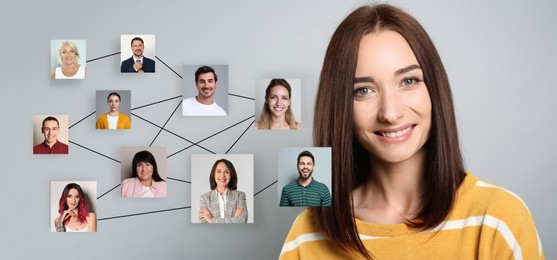 Image of Woman and scheme of avatars linked together as network on light grey pink background