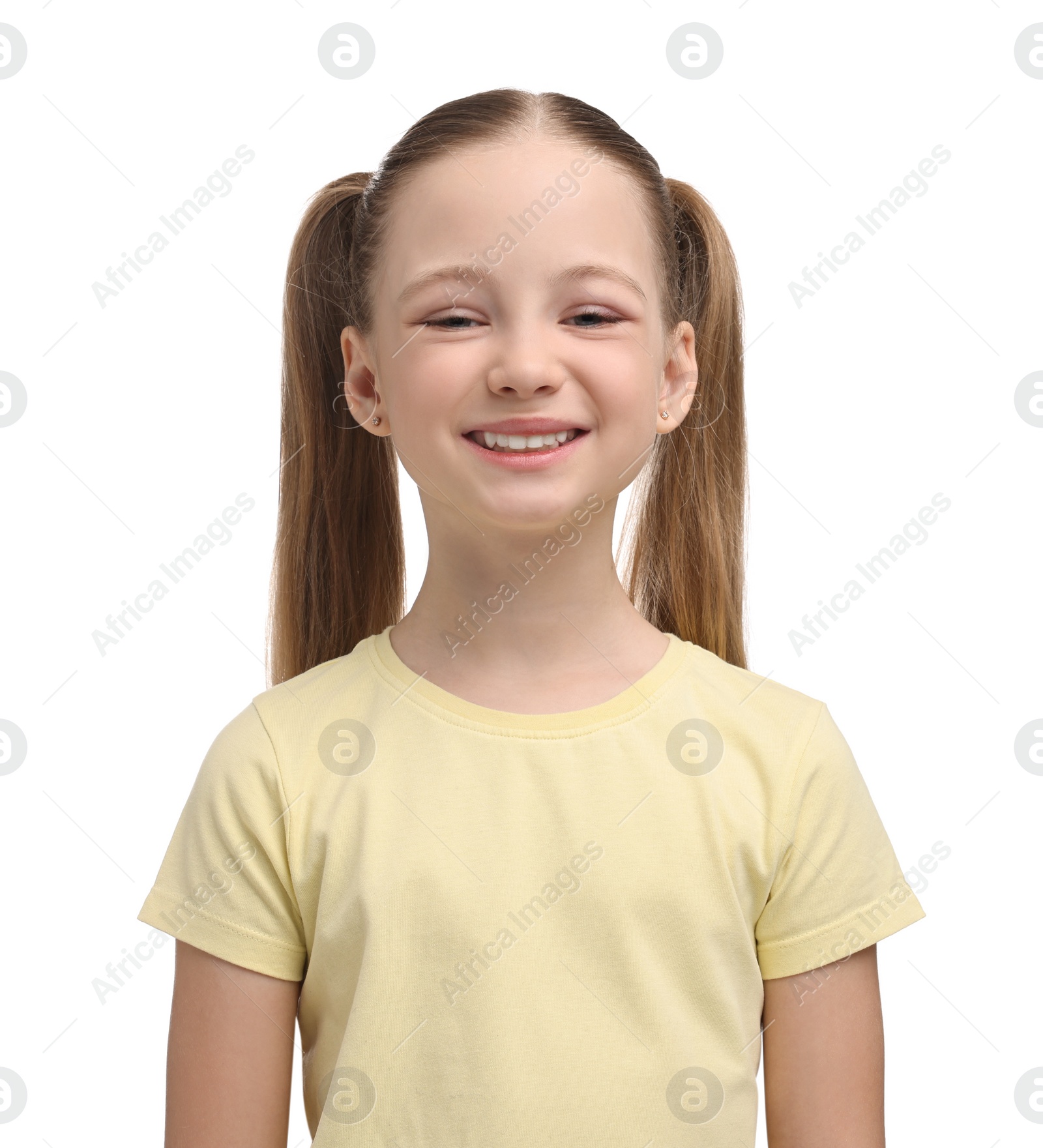 Photo of Portrait of smiling girl on white background