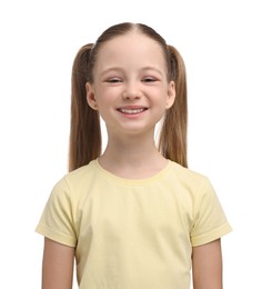 Photo of Portrait of smiling girl on white background