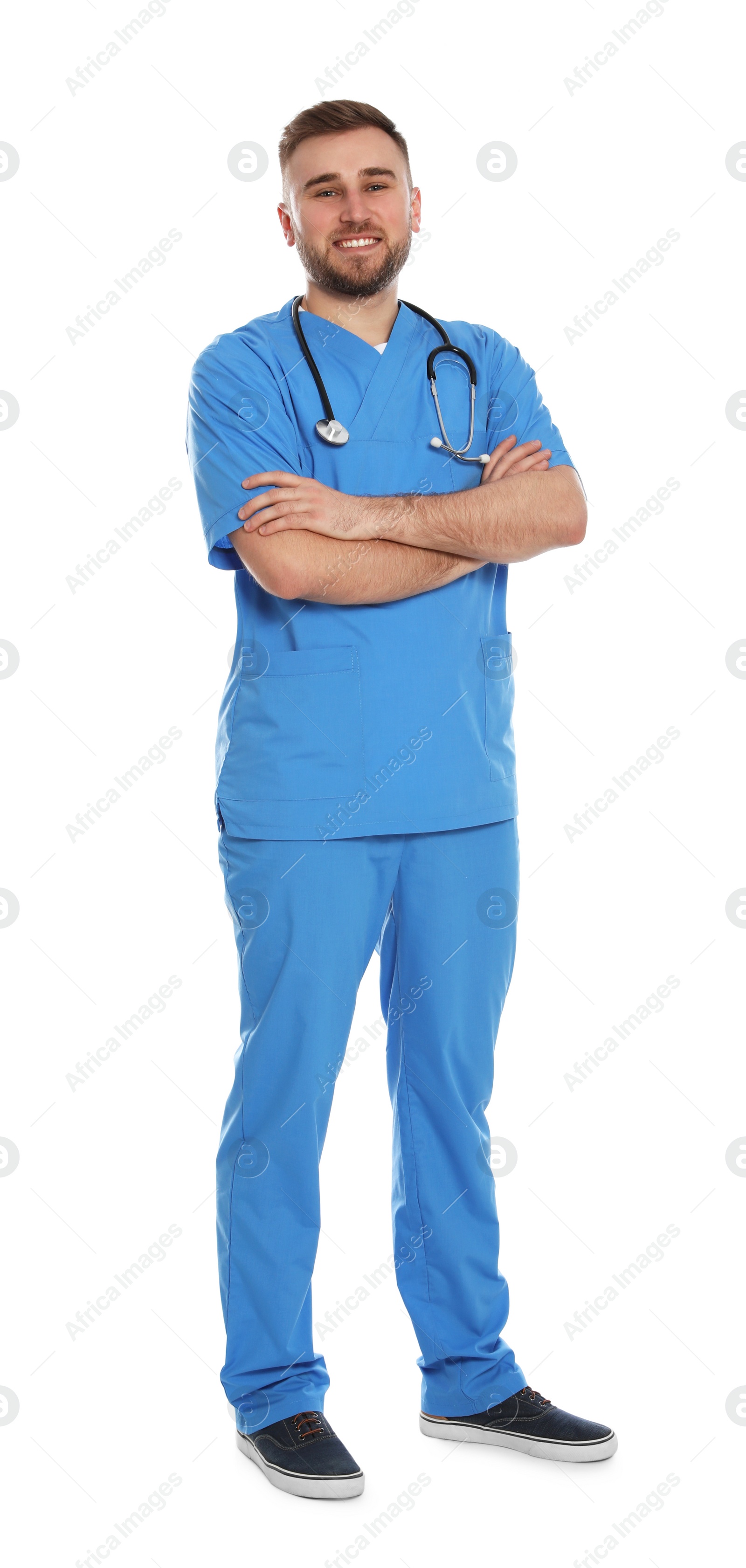 Photo of Full length portrait of medical doctor with stethoscope isolated on white