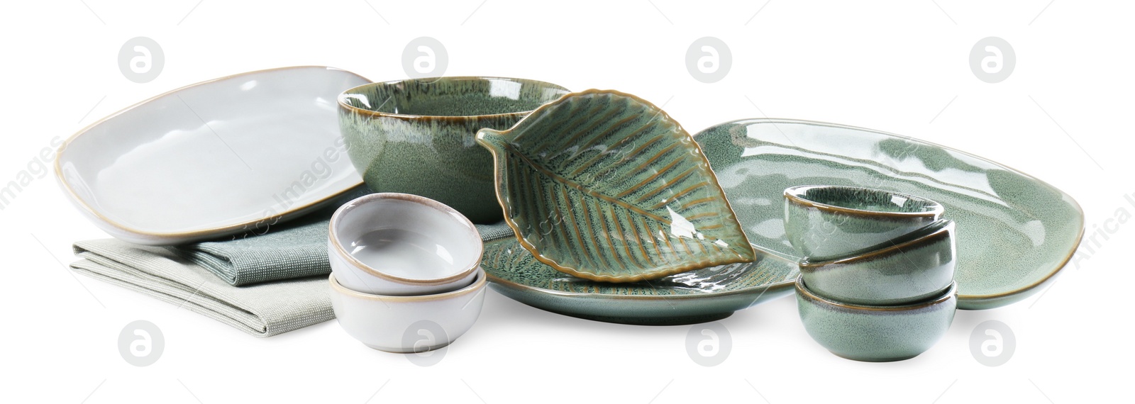 Photo of Different stylish empty dishware on white background