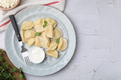 Photo of Delicious dumplings (varenyky) with cottage cheese mint and sour cream served on white table, flat lay. Space for text