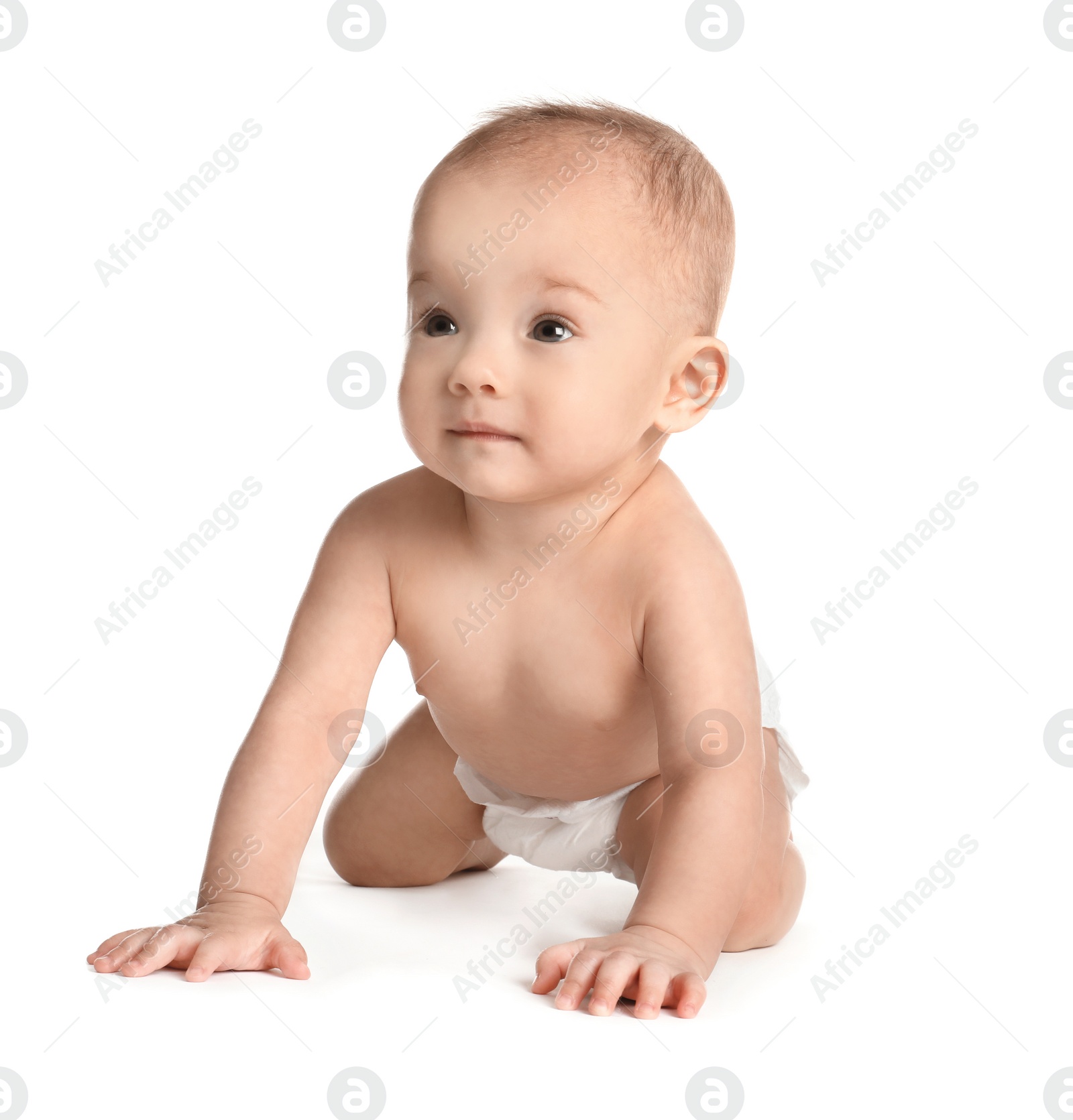 Photo of Cute little baby in diaper on white background