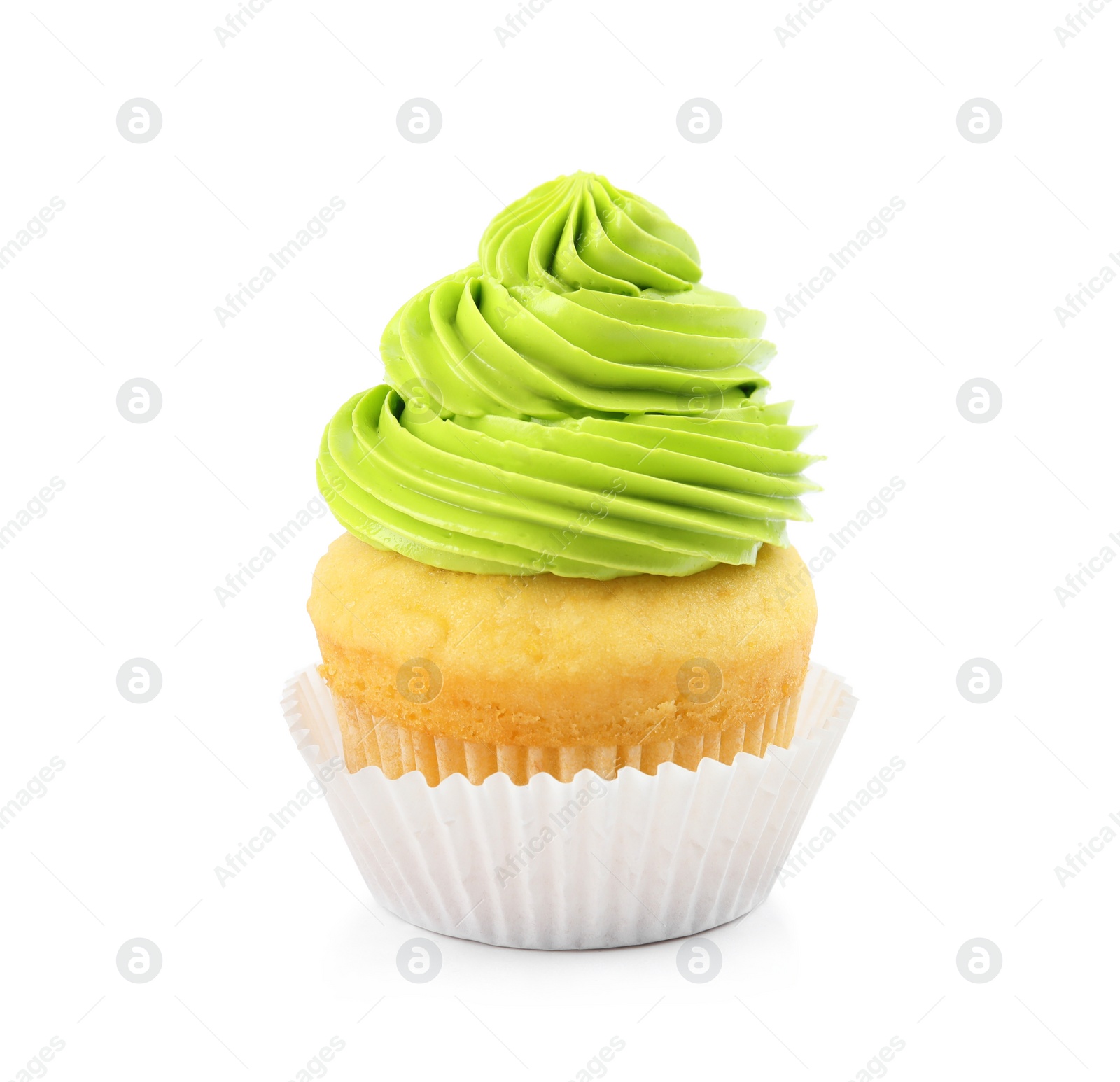 Photo of Tasty birthday cupcake with cream on white background