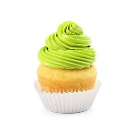 Tasty birthday cupcake with cream on white background