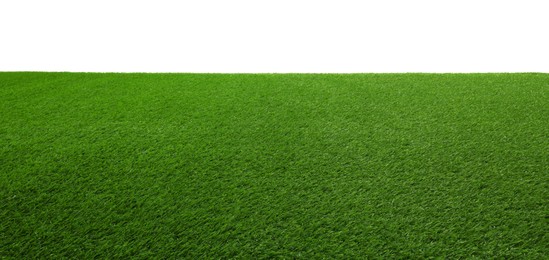 Photo of Green artificial grass surface isolated on white