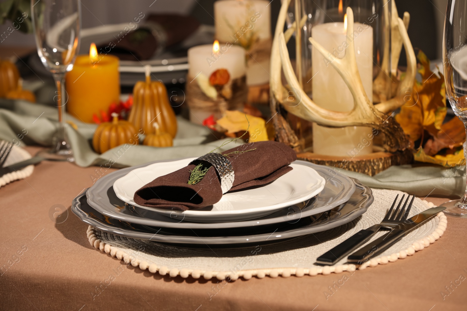 Photo of Beautiful autumn place setting and decor for festive dinner on table