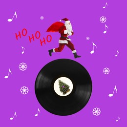 Winter holidays bright artwork. Creative collage with Santa Claus running on vinyl record against violet background