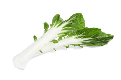 Photo of Fresh leaves of green pak choy cabbage on white background