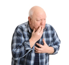 Senior man suffering from cough on white background